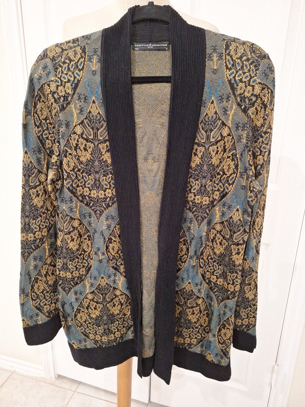 Peruvian Connection Black, Gold & Blue Jacquard Open-Front Cardigan